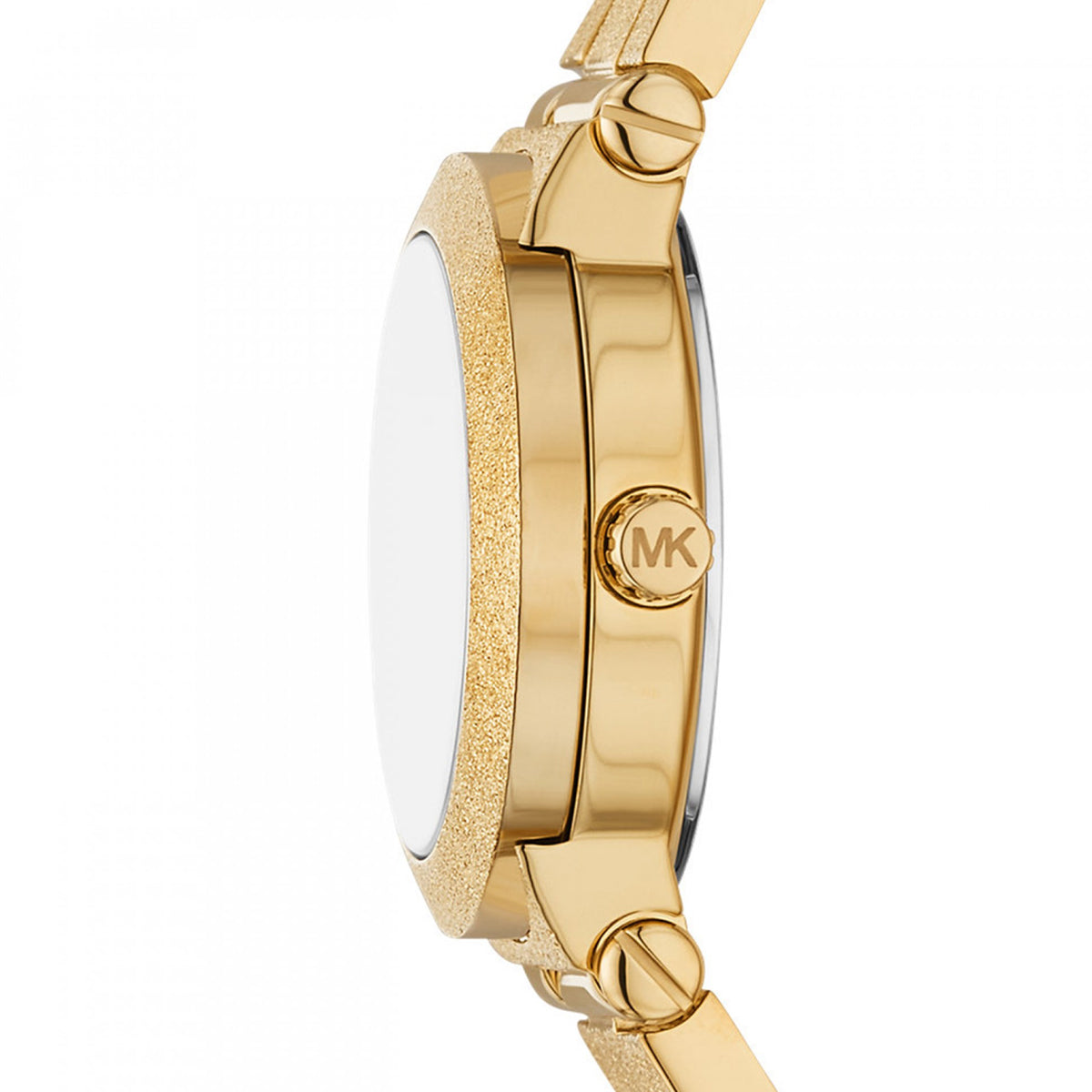 Side view of MICHAEL KORS Mod. BILLIE gold watch showing brand logo.