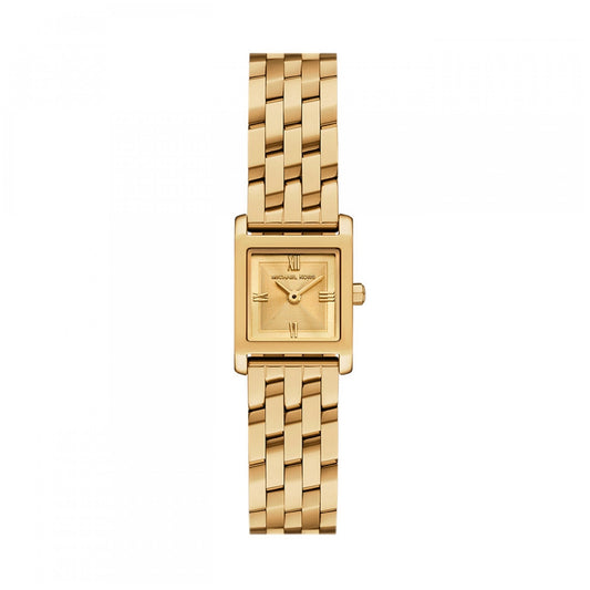 Elegant gold watch model by Michael Kors with a square face and linked bracelet, showcasing the MICHAEL KORS Mod. GEORGIE design.