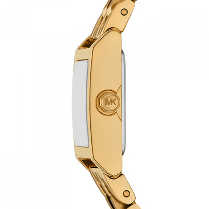 Side view of MICHAEL KORS Mod. GEORGIE gold watch with MK logo