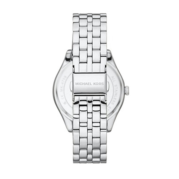 Back view of MICHAEL KORS Mod. HARLOWE wristwatch with stainless steel bracelet and clasp.