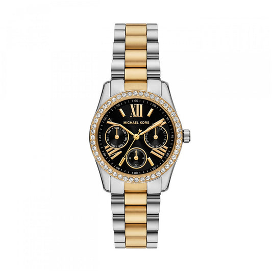 Luxury watch featuring the MICHAEL KORS Mod. LEXINGTON design in gold and silver with intricate black dial and crystal accents.