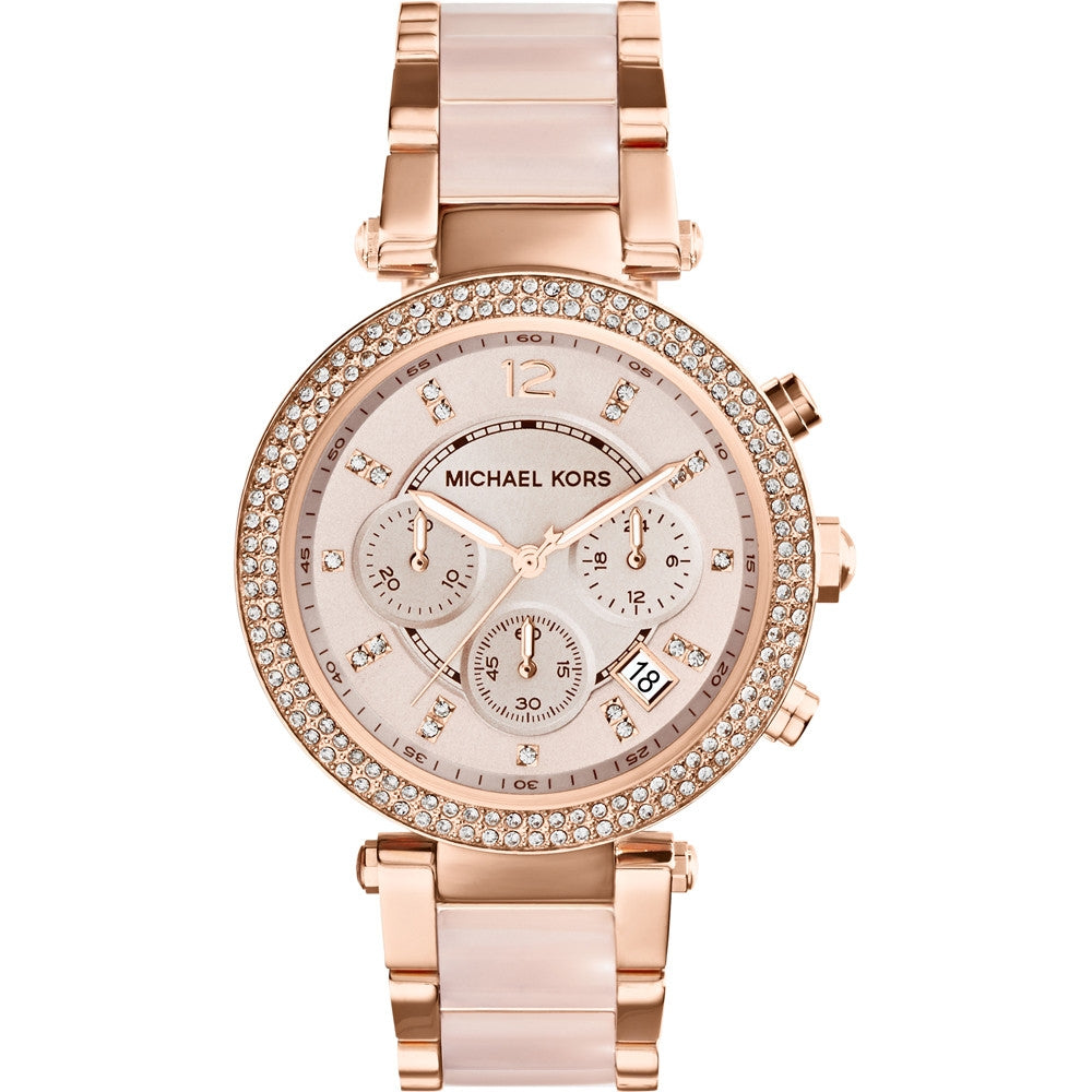 Luxury rose gold watch MICHAEL KORS Mod. PARKER with crystal accents and chronograph dial.