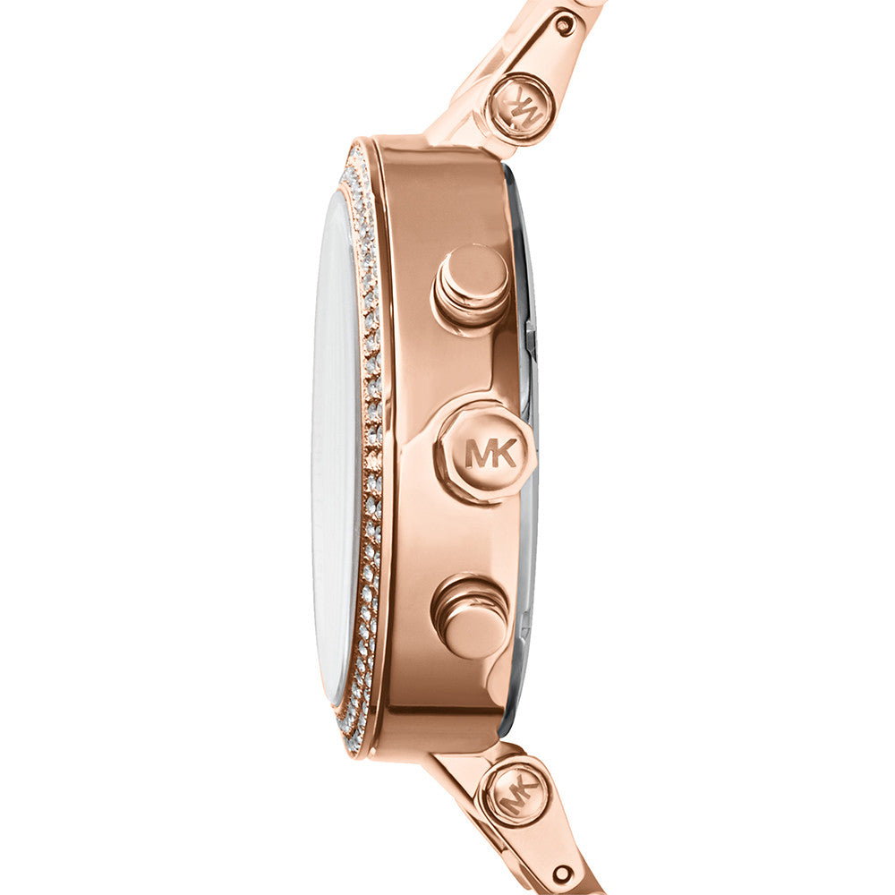 Side view of a rose gold MICHAEL KORS Mod. PARKER watch with crystal detailing.