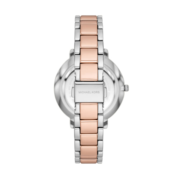 Back view of MICHAEL KORS Mod. PYPER ladies wristwatch with metal band, 38 mm case, in official packaging.