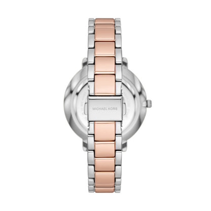 Back view of MICHAEL KORS Mod. PYPER ladies wristwatch with metal band, 38 mm case, in official packaging.
