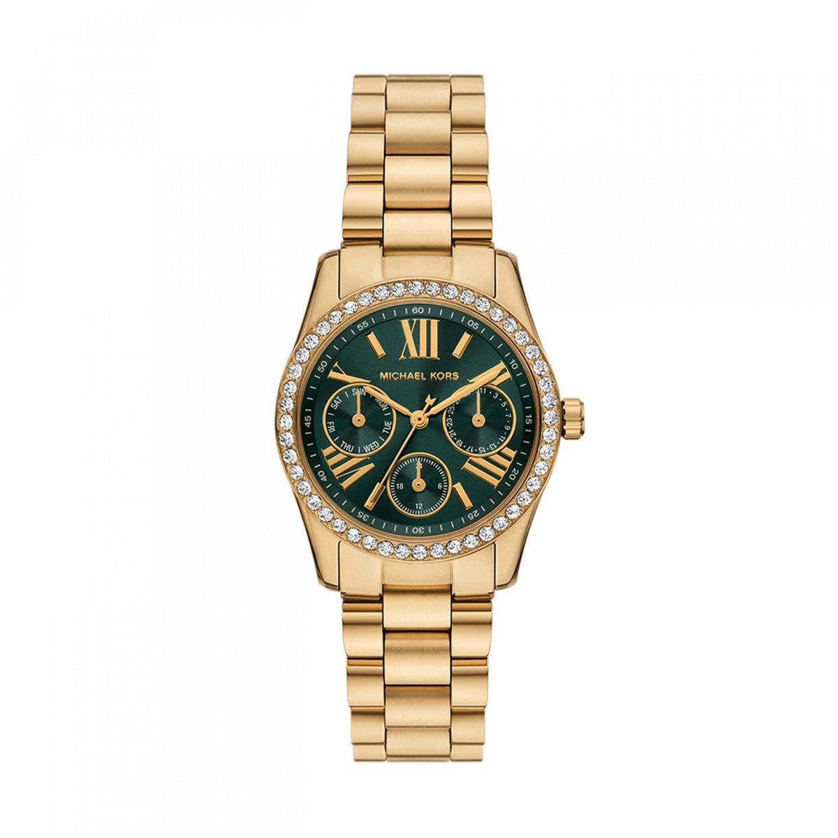 Gold watch featuring MICHAEL KORS Mod. LEXINGTON with emerald-green dial and diamond accents.
