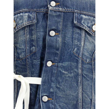 Close-up of MM6 Blue Cotton Denim Jacket with button closure and patch pockets.