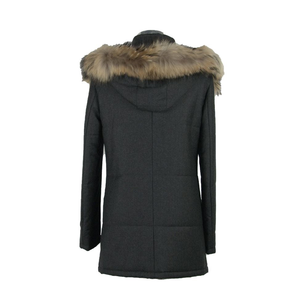 Back view of Made in Italy Black Wool Men's Jacket with fur-lined hood