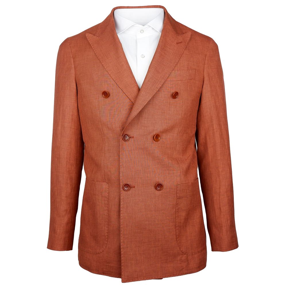 Made in Italy Brown Linen Blazer with Loro Piana fabric, double-breasted, peaked lapels, and front pockets, perfect for stylish occasions.