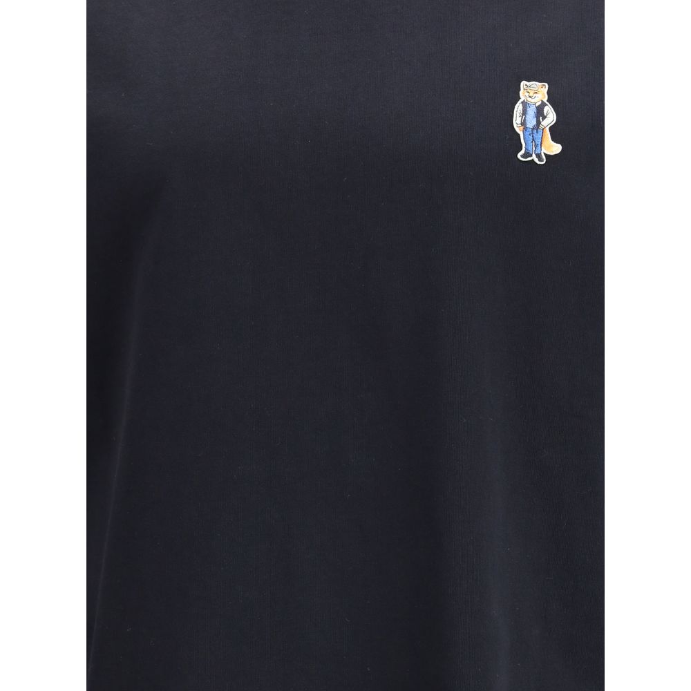 Maison Kitsuné Black Cotton T-Shirt with embroidered Dressed Fox patch, showcasing casual sophistication.
