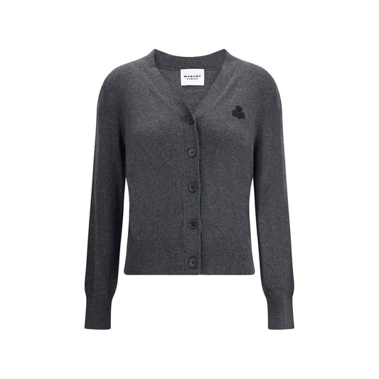 Marant Etoile Gray Cotton Cardigan with V-neckline and button closure, made of cotton and wool blend, featuring logo on chest.