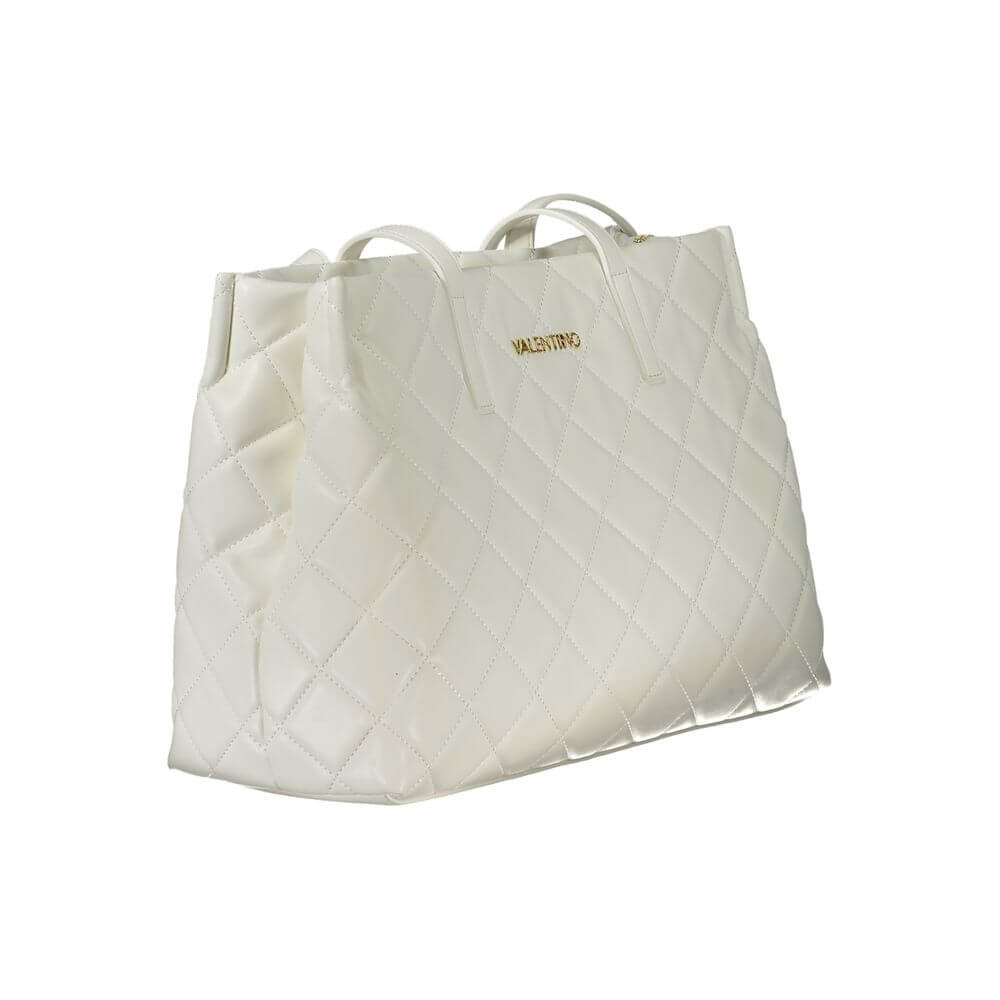 Mario Valentino White Polyethylene Handbag with two handles, laptop compartment, and zip closure, featuring contrasting details and logo.