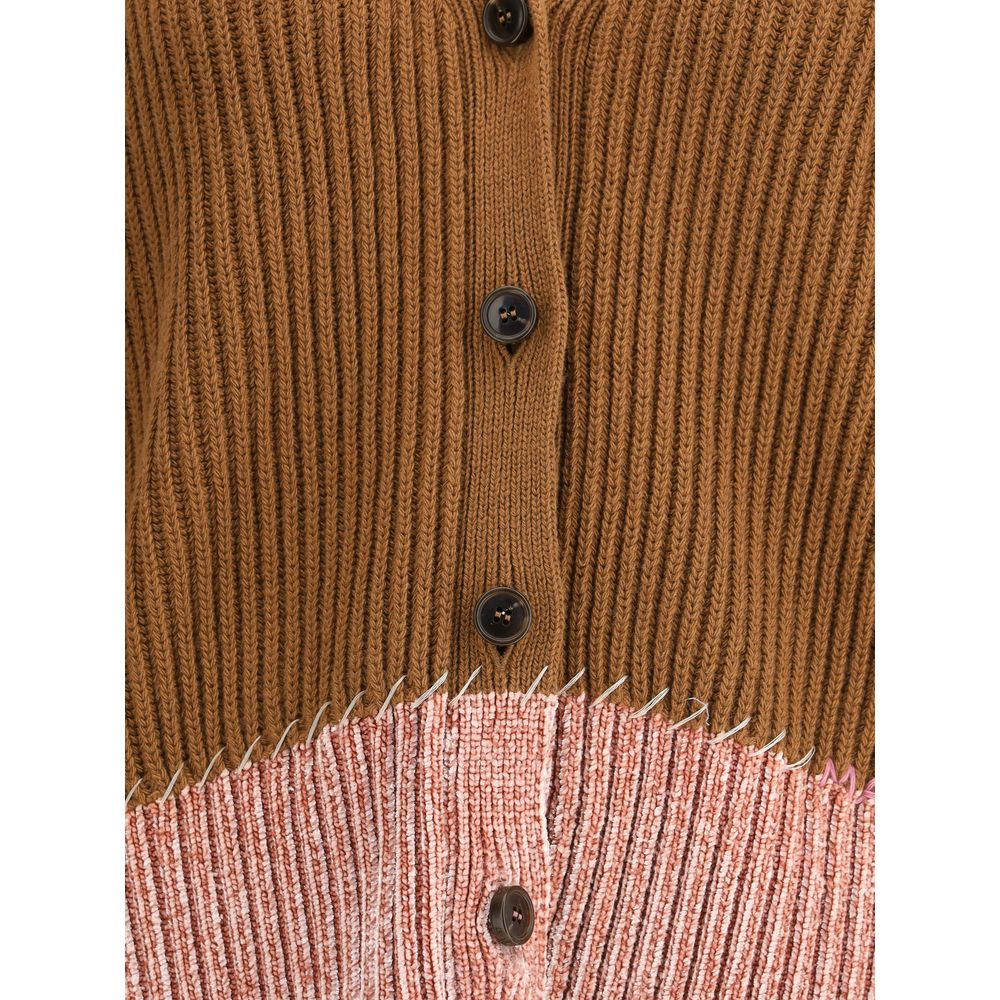 Marni Brown Viscose Cardigan with pink chenille underside and faux raw seams, handcrafted for versatile and elegant fashion.