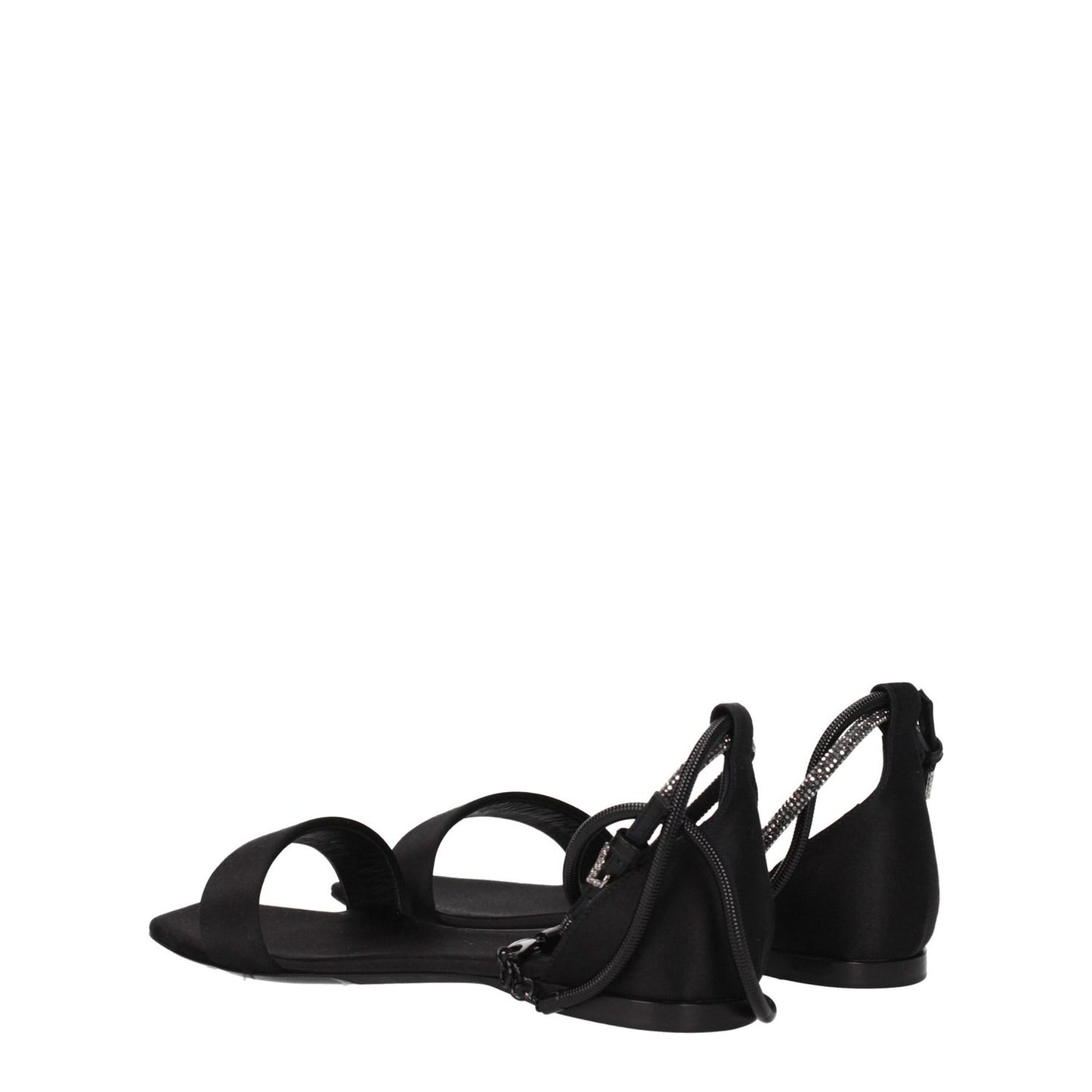 Max Mara Black Satin Flat Sandals with buckle closure, open toe and low flat heel, made of satin with leather sole.