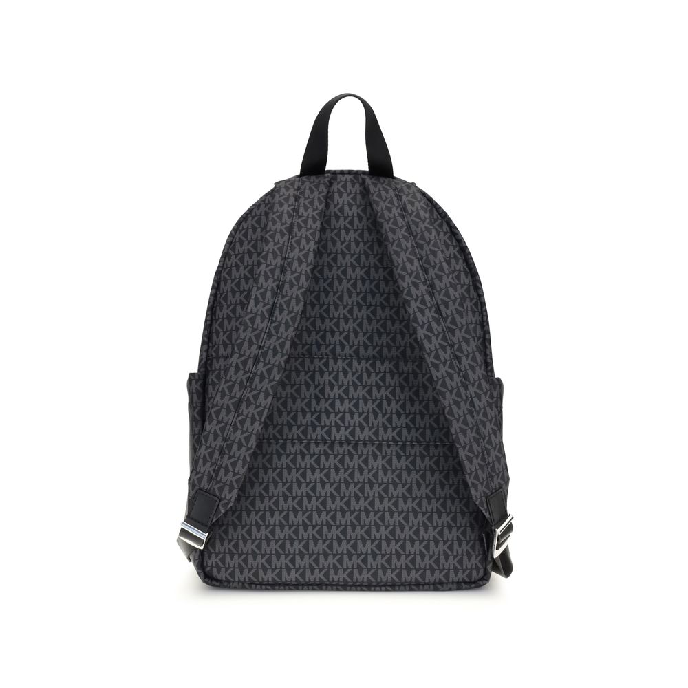 Michael Kors Black Polyester Backpack with logo print, minimalist design, and multiple pockets, ideal for stylish organization.
