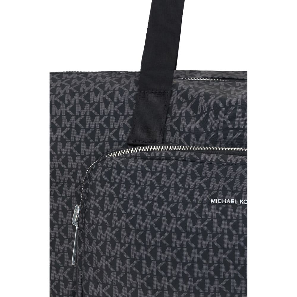 Michael Kors Black Polyester Shoulder Bag with iconic MK logo print and zipper detail, ideal for stylish travelers and practical use.