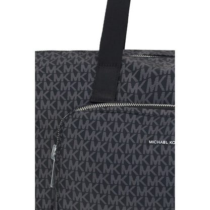 Michael Kors Black Polyester Shoulder Bag with iconic MK logo print and zipper detail, ideal for stylish travelers and practical use.