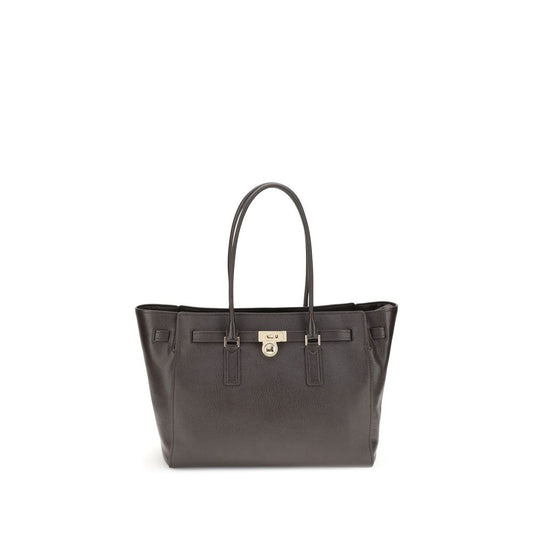 Michael Kors Brown Calf Leather Bos Taurus Shoulder Bag with iconic padlock pendant and decorative belt.