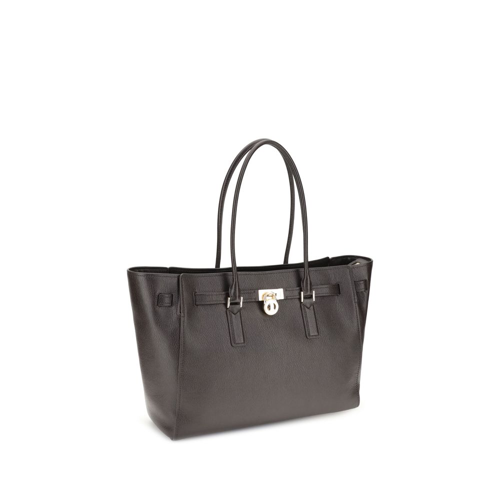 Michael Kors Brown Calf Leather Bos Taurus Shoulder Bag, elegant tote with decorative belt and iconic padlock for everyday use.