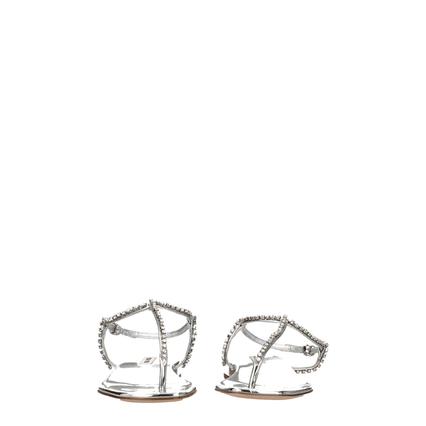 Miu Miu Gray Leather Flip-Flop Sandals with rhinestones, metallic effect, open toe, buckle closure, low flat heel.