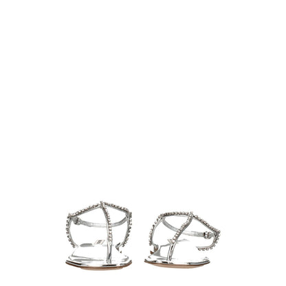 Miu Miu Gray Leather Flip-Flop Sandals with rhinestones, metallic effect, open toe, buckle closure, low flat heel.