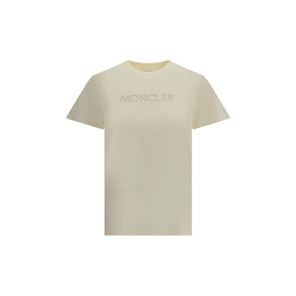 Moncler Cream Cotton T-Shirt with ribbed crew neck and tone-on-tone embroidered monogram, offering a refined look for AW25.