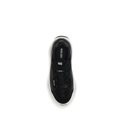 Top view of Moon Boot Black Polyester Athletic Sneakers with crisscross laces and logo on outsole.