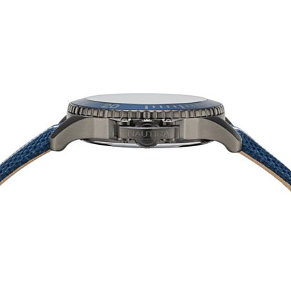 Side view of NAUTICA Mod. NAPBSF919 gent's quartz analog watch, mineral dial, 46 mm case, blue bracelet, water resistant 10 ATM.