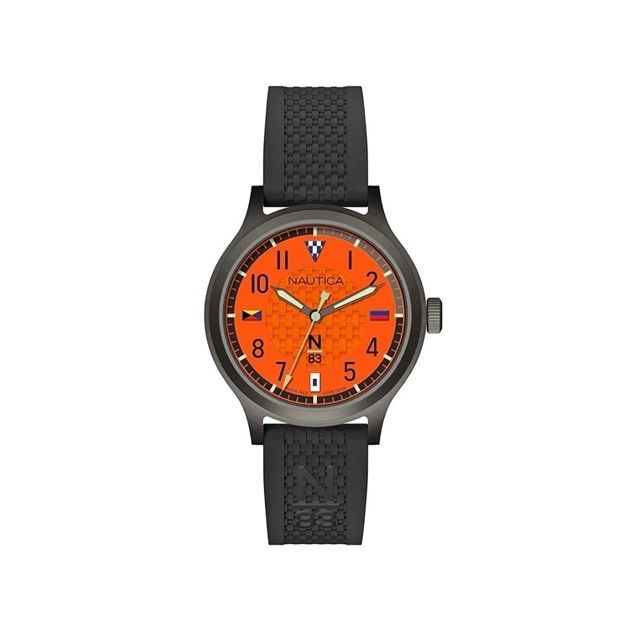 NAUTICA Mod. NAPCFS915 orange dial quartz analog wristwatch for men with mineral glass and 43mm case, water resistant up to 5 ATM.