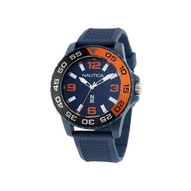 NAUTICA Mod. NAPFWS302 men's quartz analog watch with 45mm case and water resistance of 5 ATM, featuring a mineral dial and bracelet.
