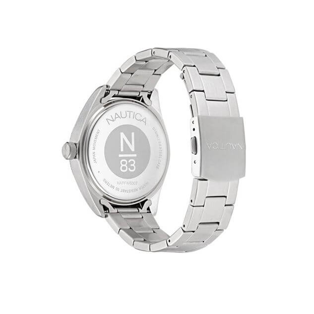NAUTICA Mod. NAPFWS307 men's quartz analog watch with stainless steel bracelet and 5 ATM water resistance, shown in official packaging.