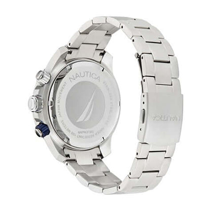 NAUTICA Mod. NAPNOF303 Quartz Analog Gent's Bracelet Watch showcasing case back and stainless steel bracelet