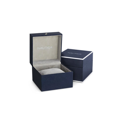 NAUTICA Mod. NAPOBF117 official packaging box featuring elegant navy design for quartz analog gent watch.