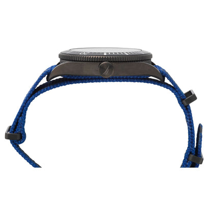 Side view of NAUTICA Mod. NAPPRF002, a gent's quartz analog watch with a blue strap and mineral dial, 45mm case.