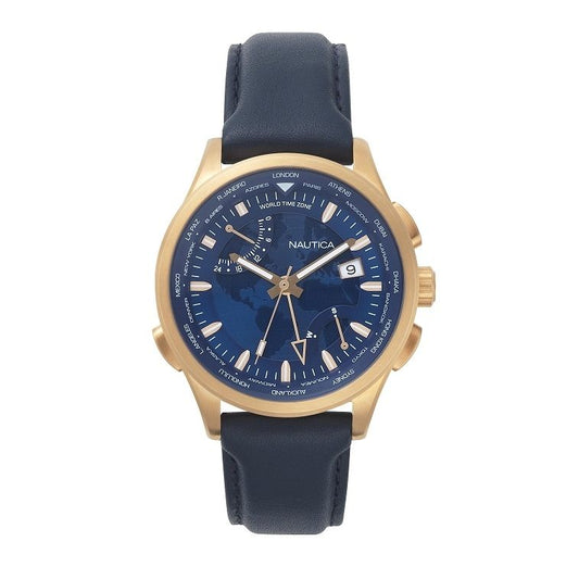 NAUTICA Mod. NAPSHG002 men's quartz analog wristwatch with mineral dial, 44 mm gold case, blue strap, water resistant 10 ATM.