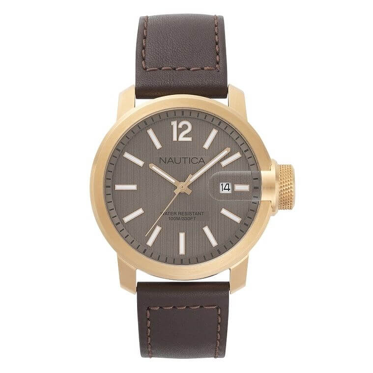 NAUTICA Mod. NAPSYD005 gent's quartz watch with 44mm case, water-resistant 10 ATM, featuring a brown leather strap and mineral dial.