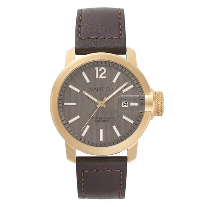 NAUTICA Mod. NAPSYD005 gent's quartz watch with 44mm case, water-resistant 10 ATM, featuring a brown leather strap and mineral dial.