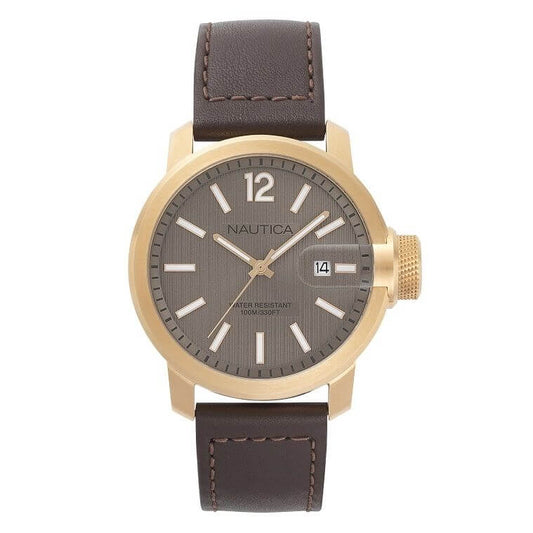 NAUTICA Mod. NAPSYD005 gent's quartz watch with 44mm case, water-resistant 10 ATM, featuring a brown leather strap and mineral dial.