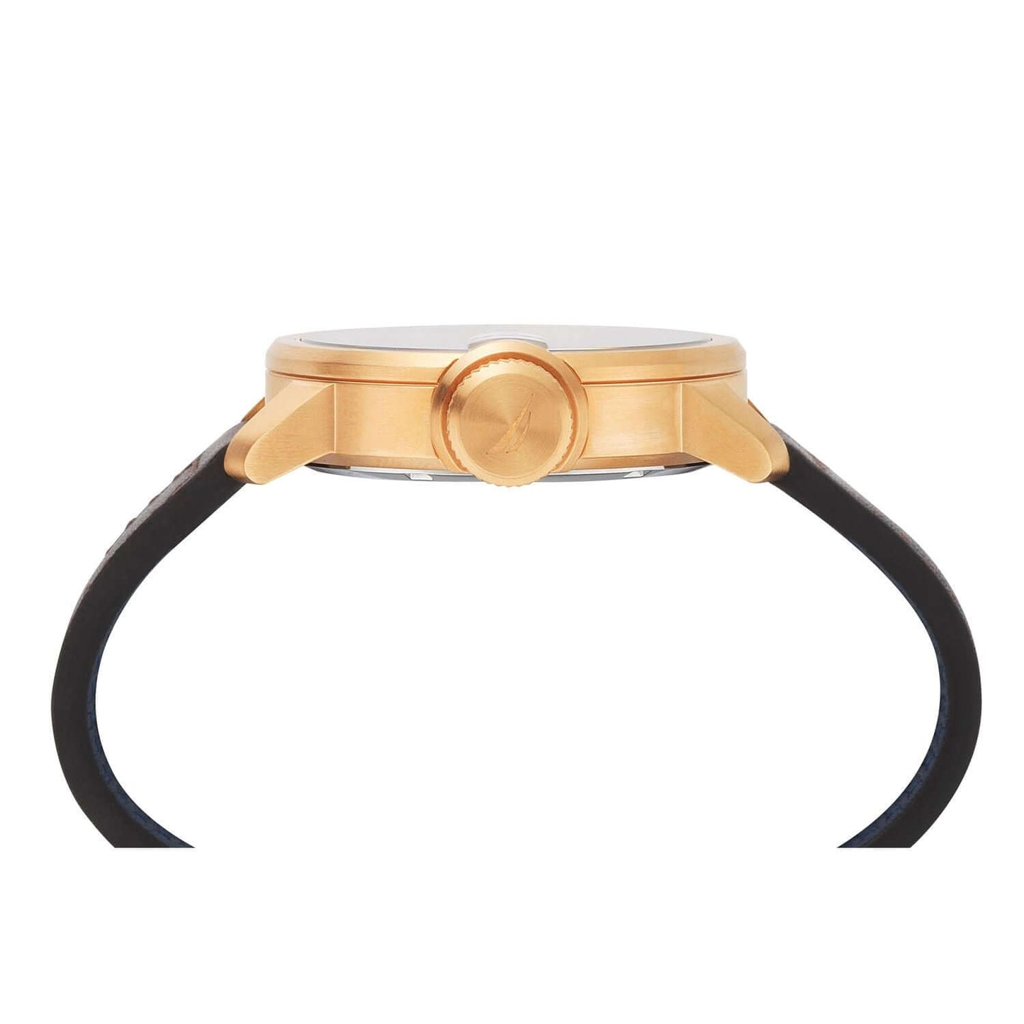 Side view of NAUTICA Mod. NAPSYD005 watch with gold-toned case and black strap, showcasing 44mm dial, quartz movement, and 10 ATM water resistance.