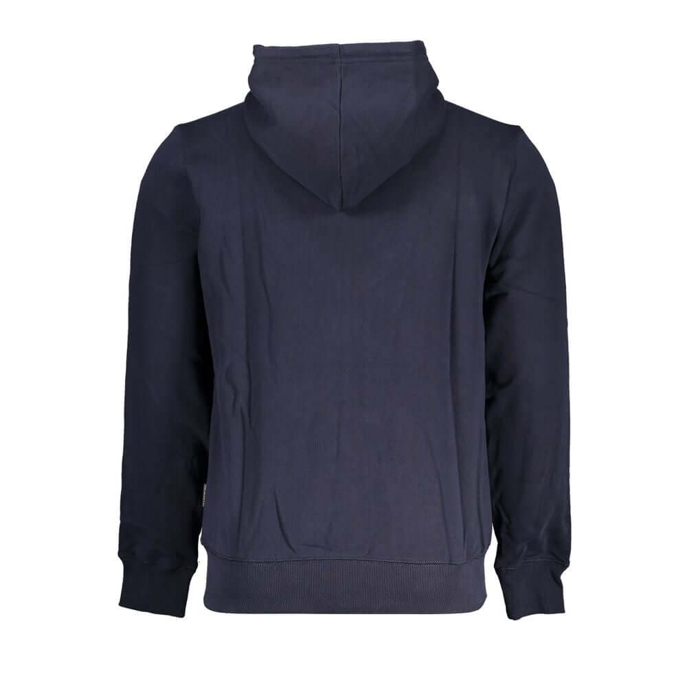 Back view of Napapijri Blue Cotton Men Sweater with Hood showcasing its soft fabric and practical hood.