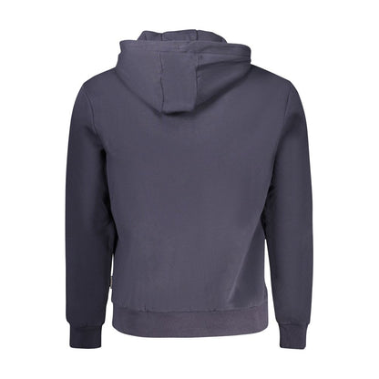 Back view of Napapijri Blue Organic Cotton Men Sweater showcasing hoodie and relaxed fit design