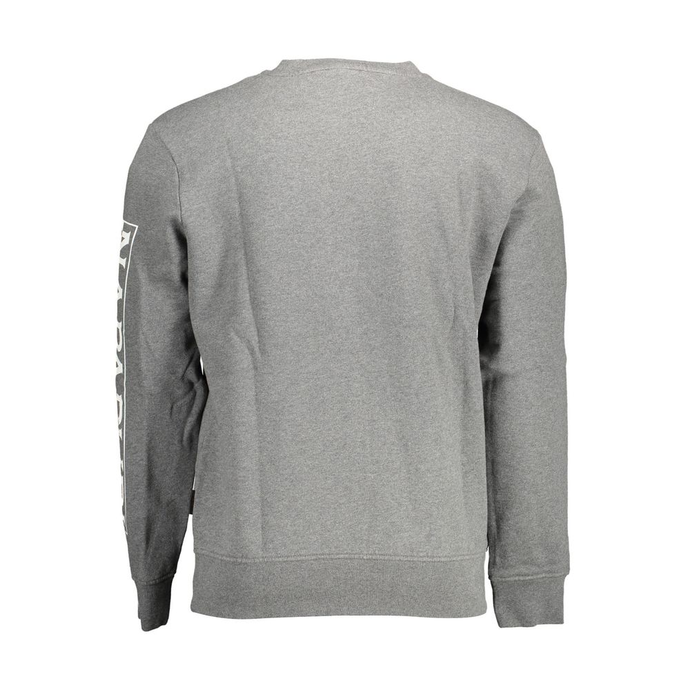 Napapijri Gray Cotton Men Sweater with long sleeves and a modern logo print, made of a cotton-polyester blend, shown from the back.