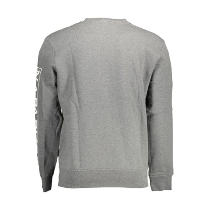 Napapijri Gray Cotton Men Sweater with long sleeves and a modern logo print, made of a cotton-polyester blend, shown from the back.