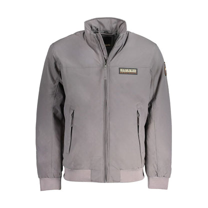 Napapijri Gray Polyamide Men Jacket with logo, eco-friendly design, regular fit, and long sleeves.