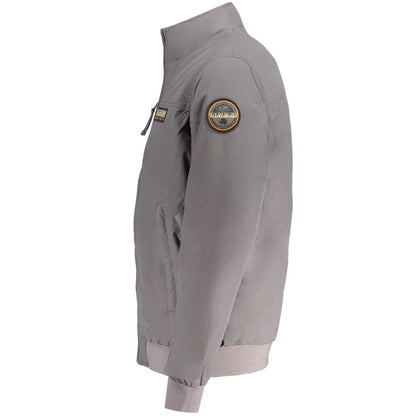 Napapijri Gray Polyamide Men Jacket featuring eco-friendly materials, subtle logo, and stylish design, side view.