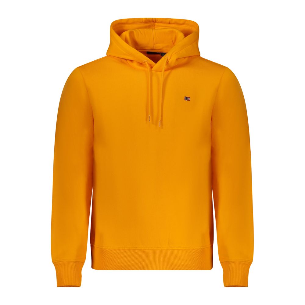 Napapijri Orange Cotton Men Sweater with hood and embroidery logo, showcasing vibrant style and durability, perfect for casual outings.
