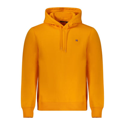 Napapijri Orange Cotton Men Sweater with hood and embroidery logo, showcasing vibrant style and durability, perfect for casual outings.