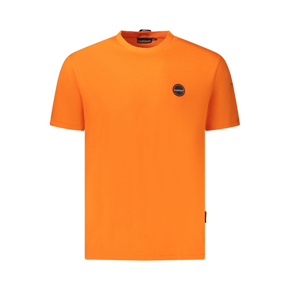 Napapijri Orange Cotton Men T-Shirt featuring bold logo, made from 100% organic cotton for sustainable fashion, perfect casual luxury.