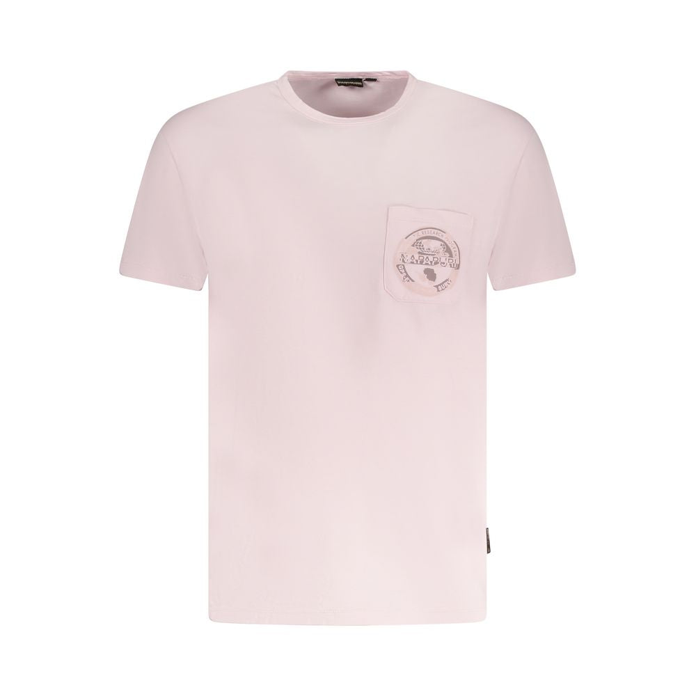Napapijri Pink Cotton Men T-Shirt with crew neck and pocket detail, showcasing vibrant design and logo print.