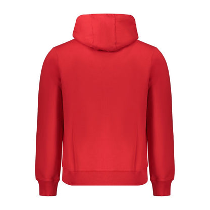Back view of Napapijri Red Cotton Men Sweater, showcasing its stylish hood and comfortable, quality cotton-polyester blend.